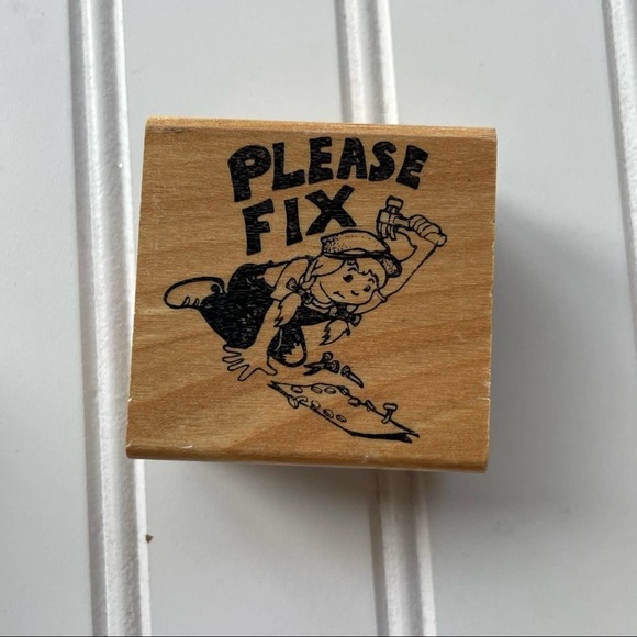 Vintage Wood Block Rubber Stamp Handyman Girl Please Fix Hammer Tool - Picture 2 of 6